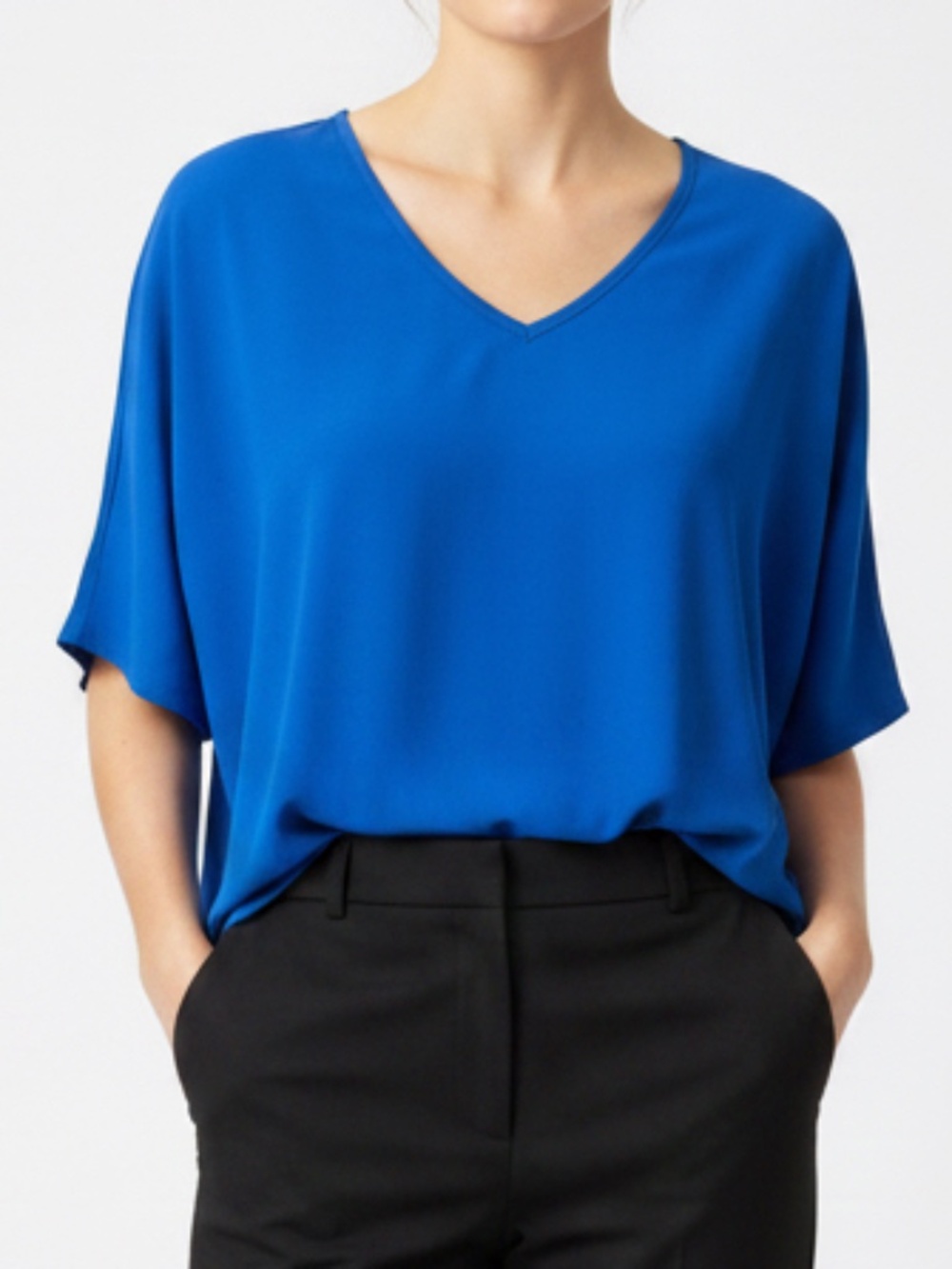 Andree by Unit Royal Blue Pleat-Front V-Neck Blouse - NWOT.